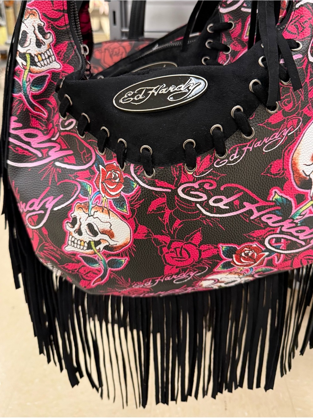 Ed Hardy Black & Pink Skull and Rose Fringe Hobo Bag